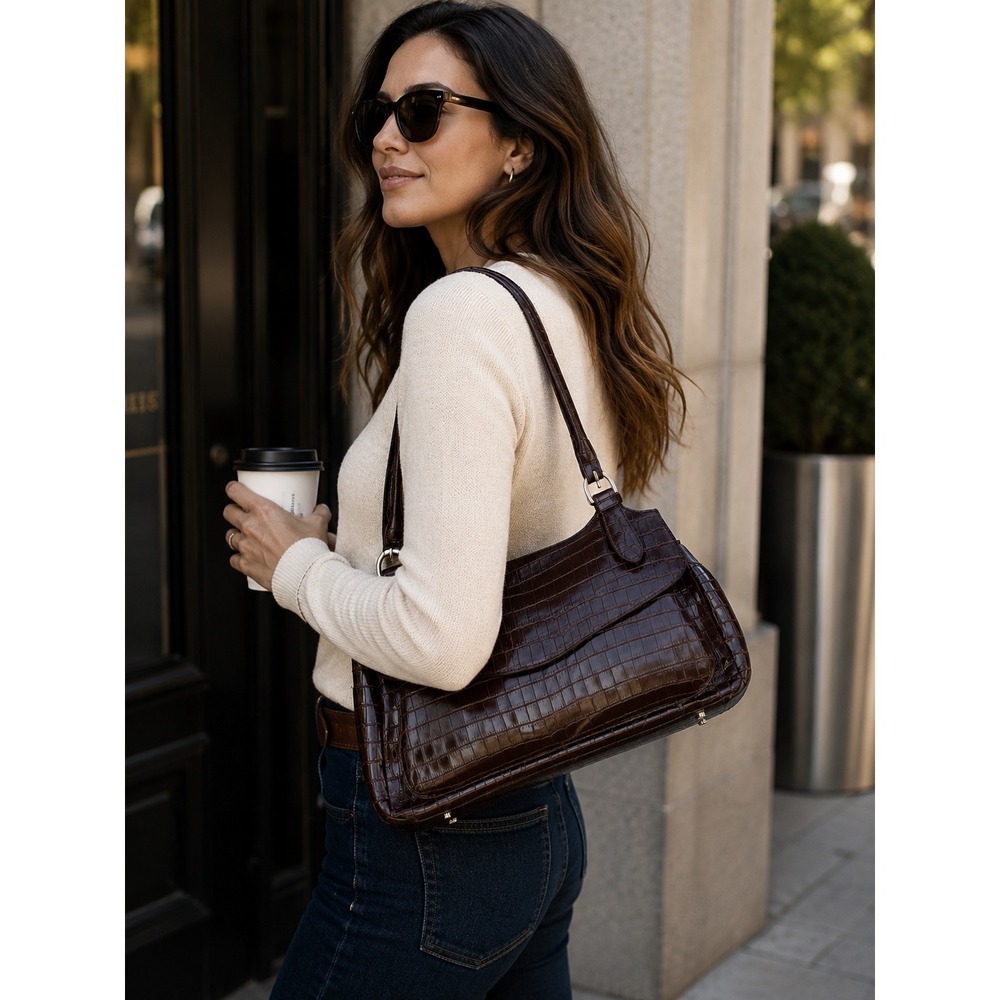 Maxx NY Brown Croc Embossed Leather Shoulder Bag Paisley Lining Buckle Detail